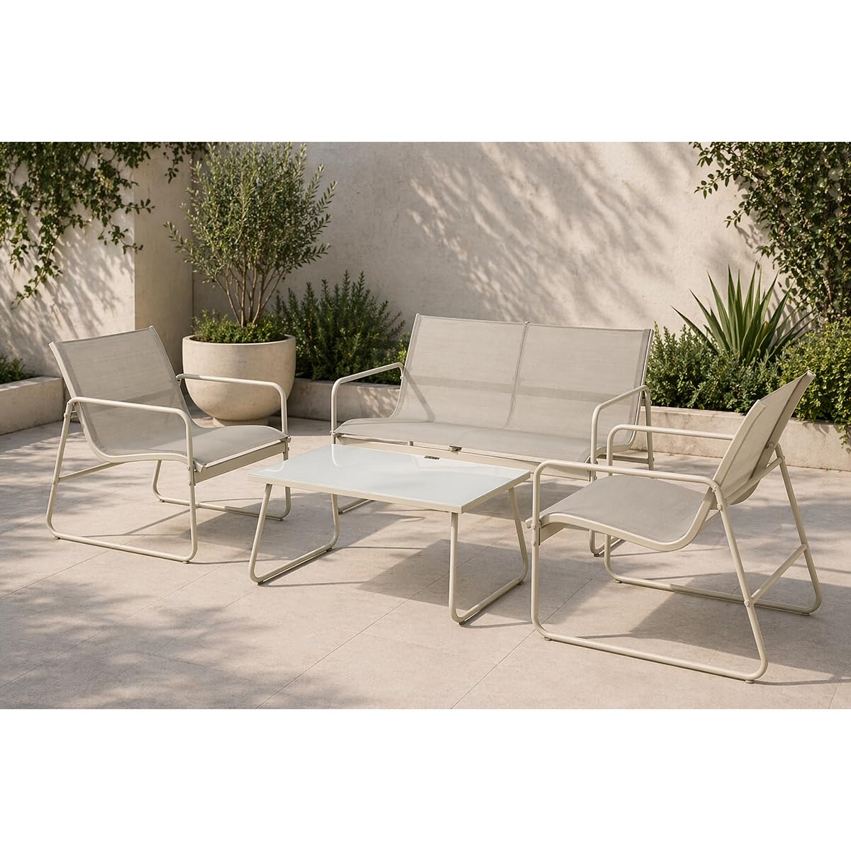 Acomoda Textil - Conjunto de Jardín 4 Piezas con Sofá, 2 Sillones y Mesa de Centro. Set Exterior para Terraza, Patio o Balcón Fácil Instalación. (Beige)
