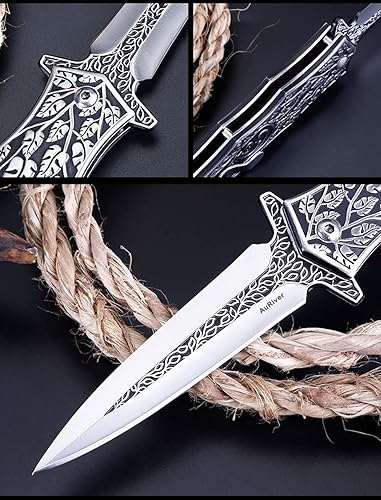 Miniatura 4 de AuRiver Cuchillo de bolsillo, cuchillo de acero inoxidable con patrones de relieve retro y clip de bolsillo en asas para camping, pesca o regalos