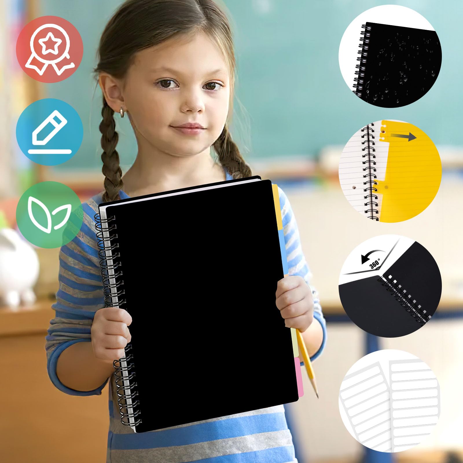 Koogel Black 5 Subject Spiral Notebook with Tabs, 200 Pages College Ruled Perforated 3-Hole Punched - Image 3