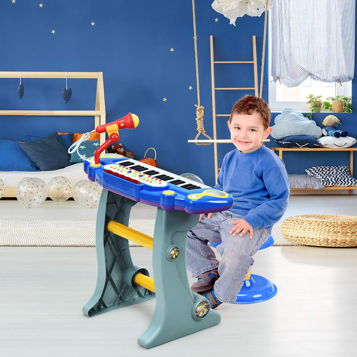 HONEY JOY 37-Key Toy Piano Keyboard, Electronic Keyboard with Microphone, Stool, Teaching Functions, Record and Playback, Educational Instrument for Kids and Toddlers (Blue)