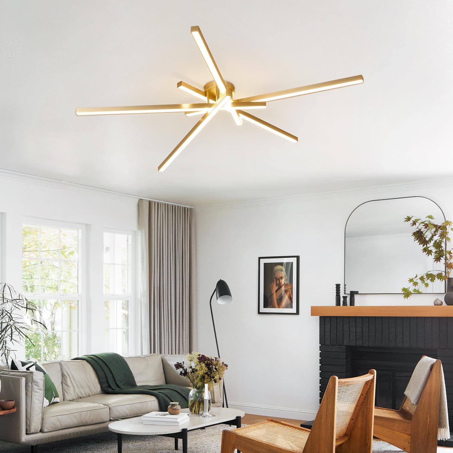 5 Lights Gold Modern Sputnik Chandelier Ceiling Light Fixtures Farmhouse Semi Flush Mount Kitchen Ceiling Light Fixtures Sputnik Close to Ceiling Light Golden Ceiling Lamp MCL07-5 GD