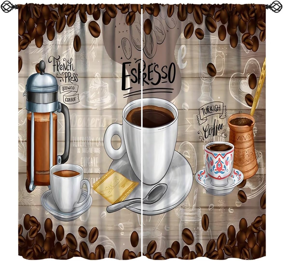 Rustic Coffee Blackout Curtains, Vintage Espresso French Press Turkish Coffee Bean Brewing Equipment Print Window Treatment for Kitchen Cafe Bedroom Living Room, 72" W X 63" L