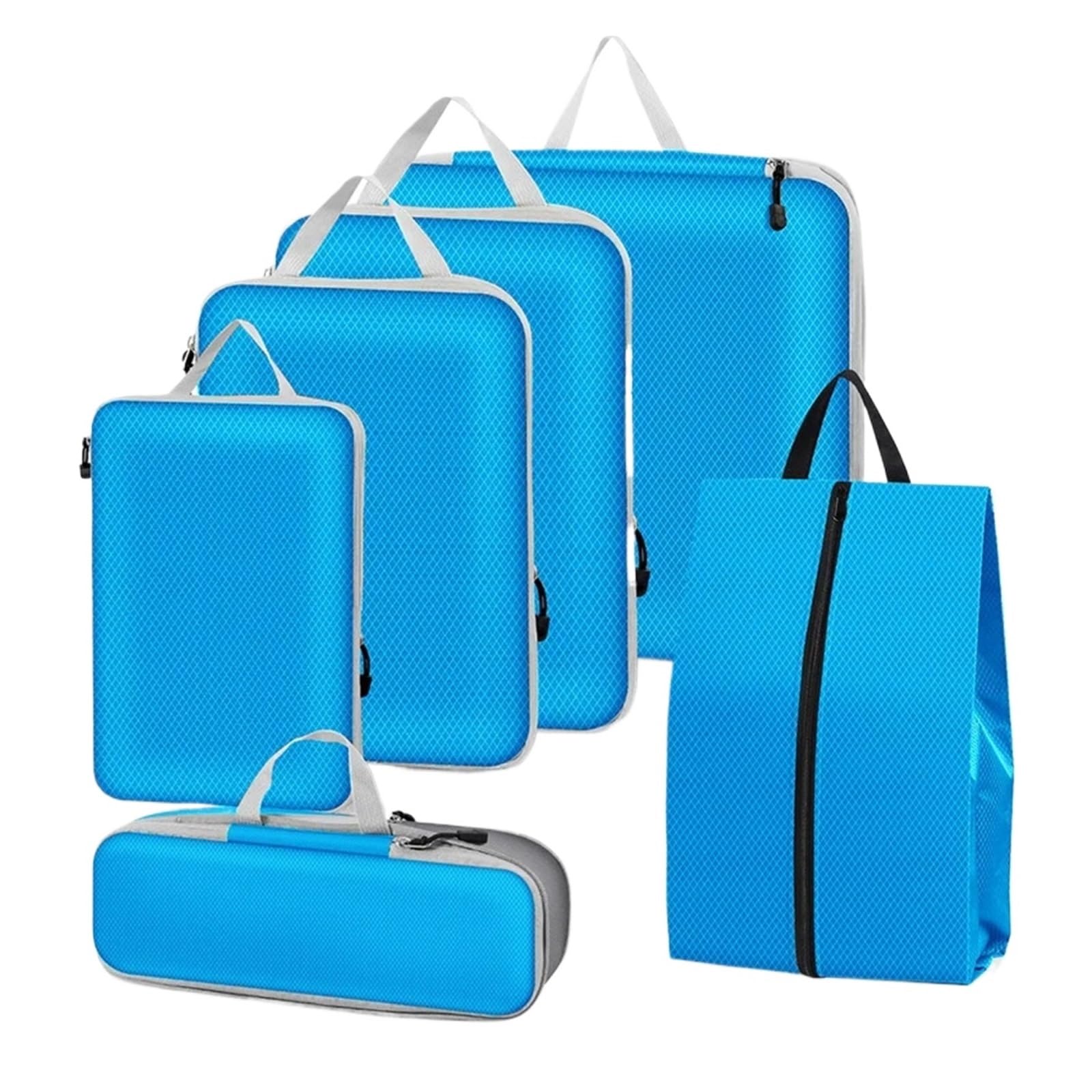 BHOUTY 6PCS Compressed Packing Cubes Travel Storage Organizer Set With Shoe Bag Mesh Visual Luggage Portable Lightweight Suitcase(Blue)