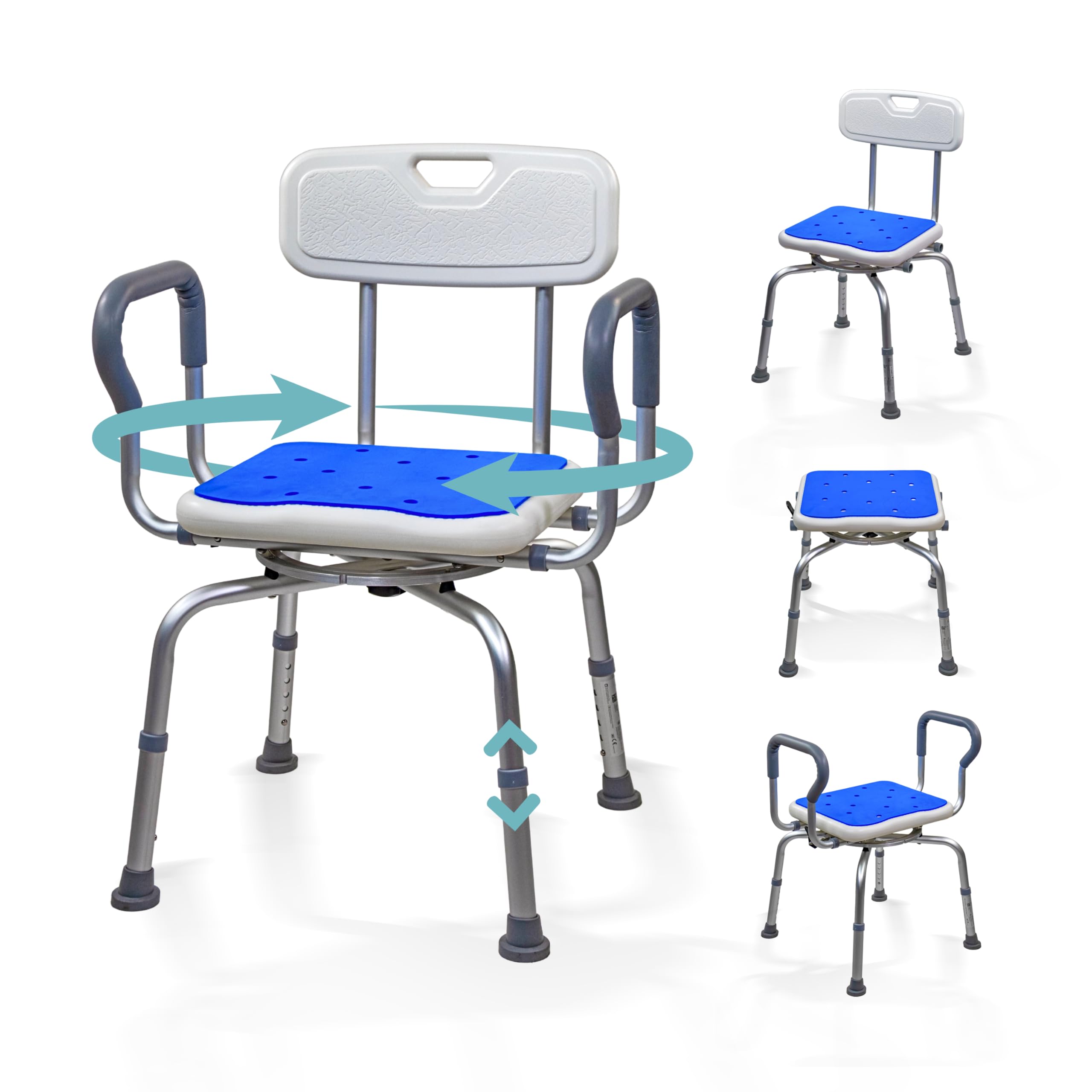 Mobiclinic®, 360° Swivel Shower Chair, Armrests and Backrest, Height Adjustable, Seat with EVA Cushion, Non-Slip Feet, Aluminum, for Seniors, Reduced Mobility, Akila