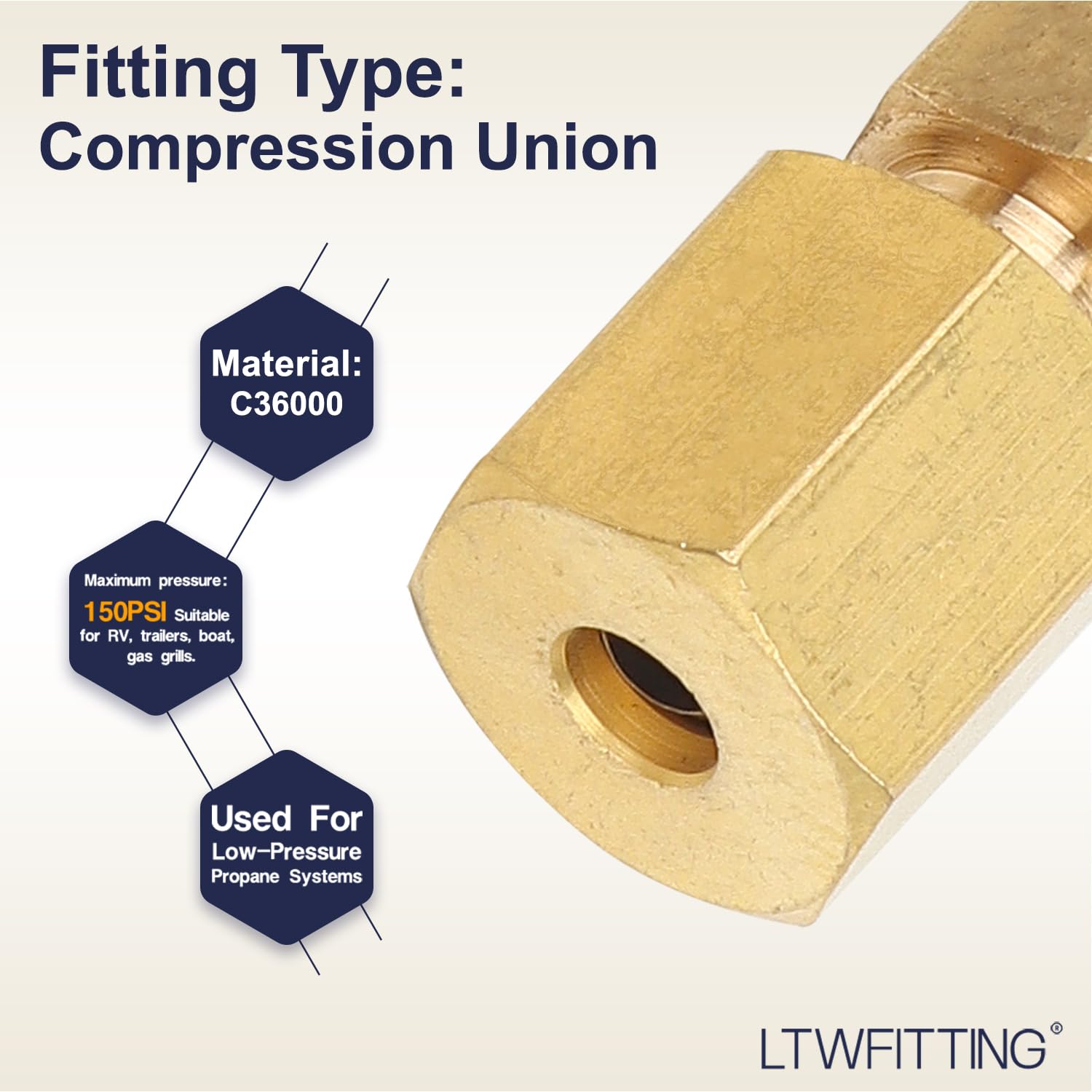 LTWFITTING Unión de compresión de 1/8 pulgadas OD de latón, accesorio de compresión (paquete de 500)