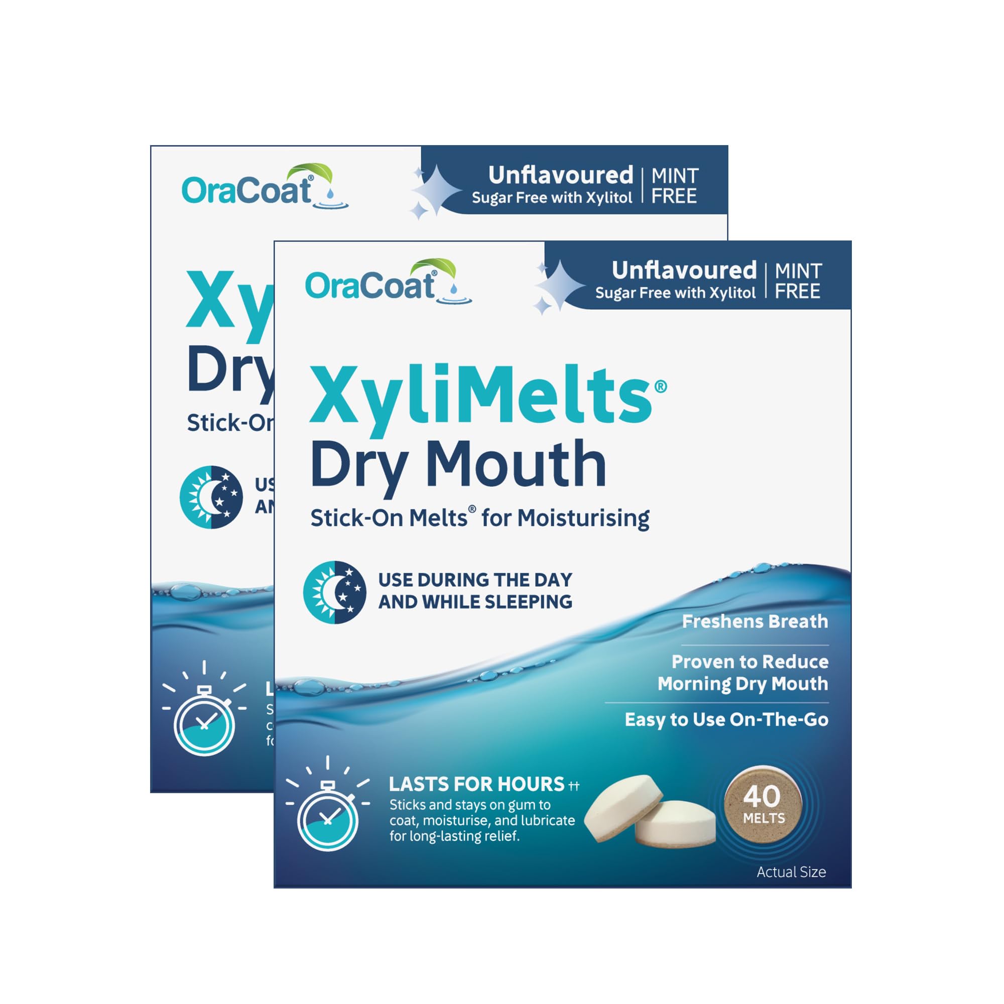 XyliMelts Dry Mouth Relief Discs Pack of 2 (80 Mint-Free Xylitol Oral Moisturising Discs) – Long-Lasting Saliva Stimulation for Dry Mouth, Sugar-Free Night & Day Comfort
