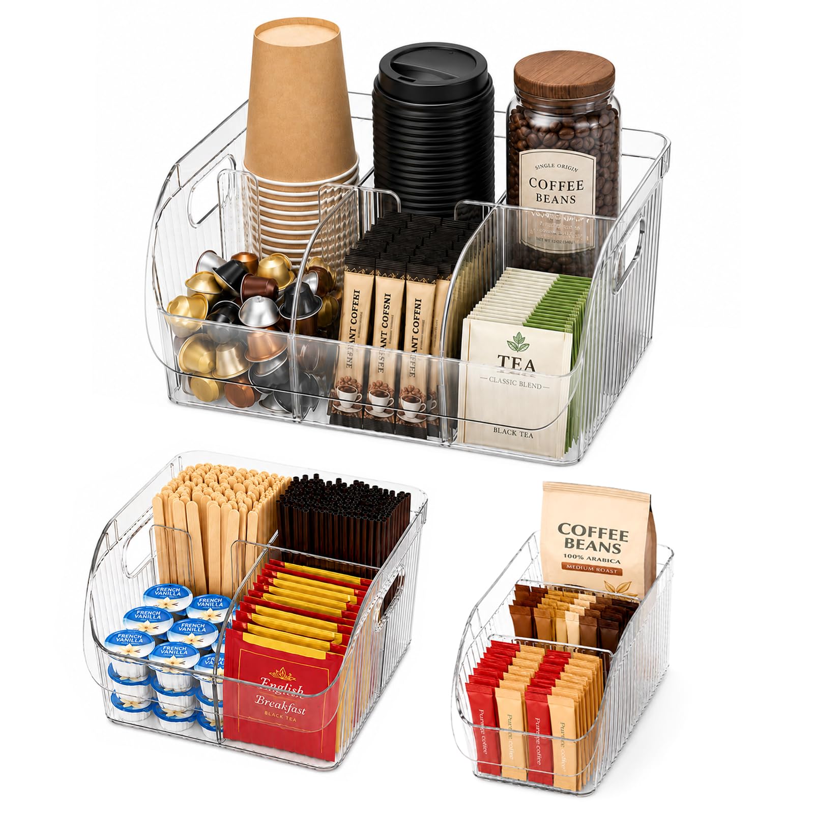 Hoiwio Clear Set Of 3 Tea Bag Storage Coffee Station Organiser For Countertop - Pantry Organisers With Adjustable Divider For Spice Condiment Snack Pod Cup Sugar Creamer Syrup, Tea & Coffee Bar