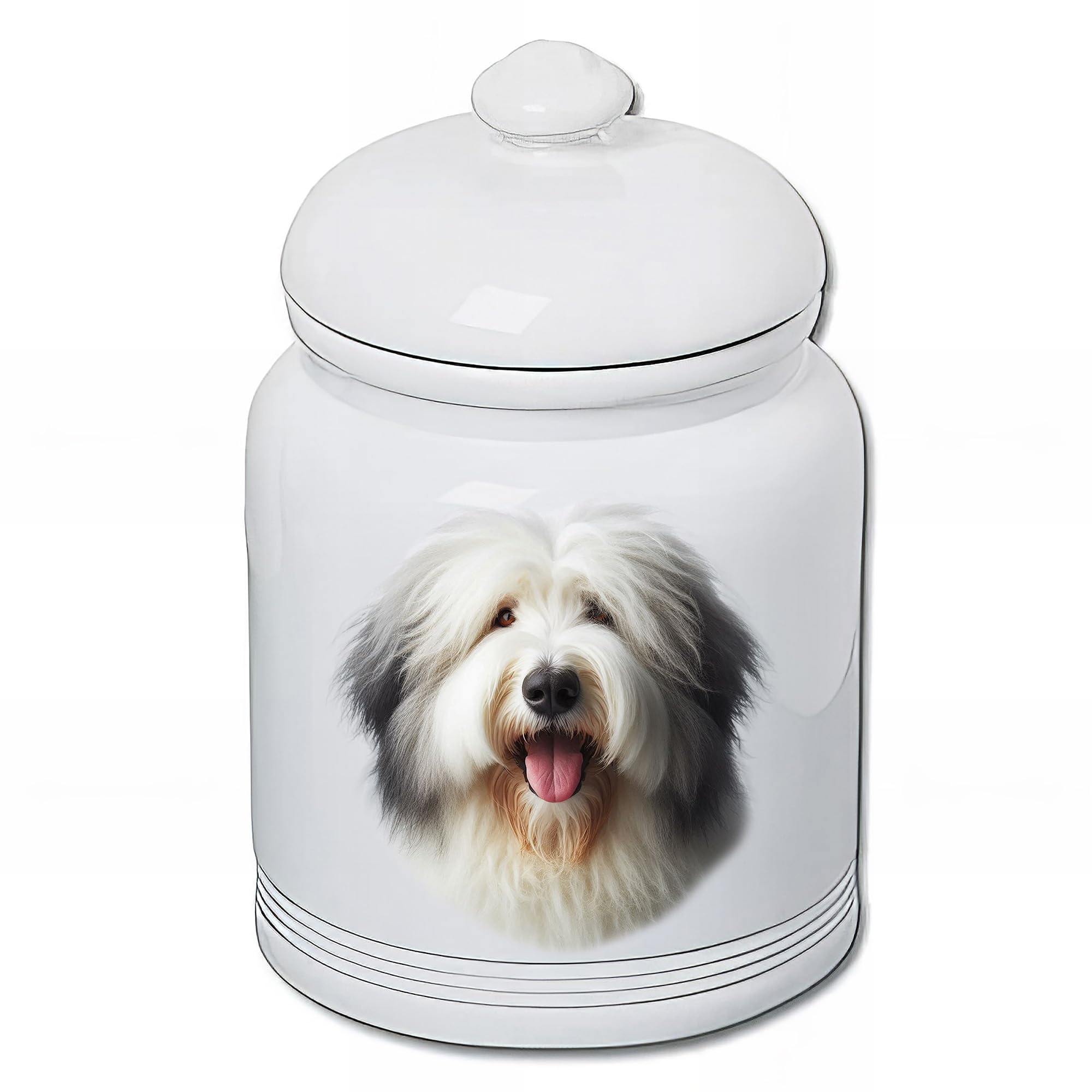 Best of Breed Old English Sheepdog Dog and Cat Ceramic Treat Jar 9" Tall Air Tight Seal All White
