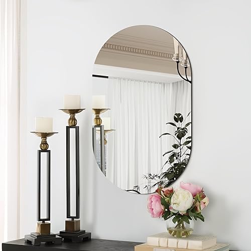 Miniatura 10 de Espejo de pared sin marco de 36 x 24 pulgadas, moderno espejo de baño con forma de cápsula con borde pulido, colgar horizontal o verticalmente, para