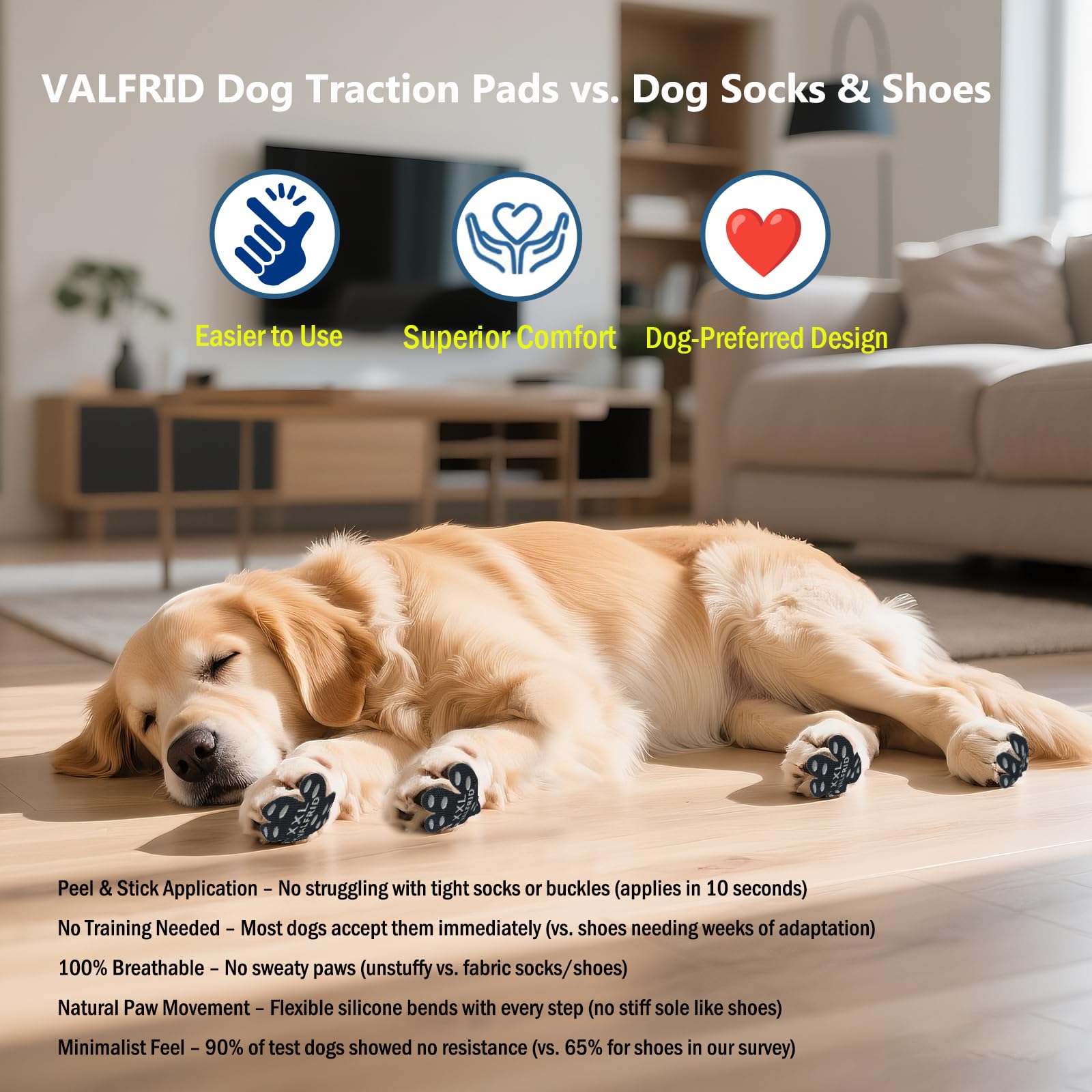 VALFRID Protezione Antiscivolo per Zampe di Cane, Grip Sicuro su Pavimenti Scivolosi Legno, Autoadesivo Resistente Cane Calze Scarpe per Cani Sostituzione Nero 60 pz XL