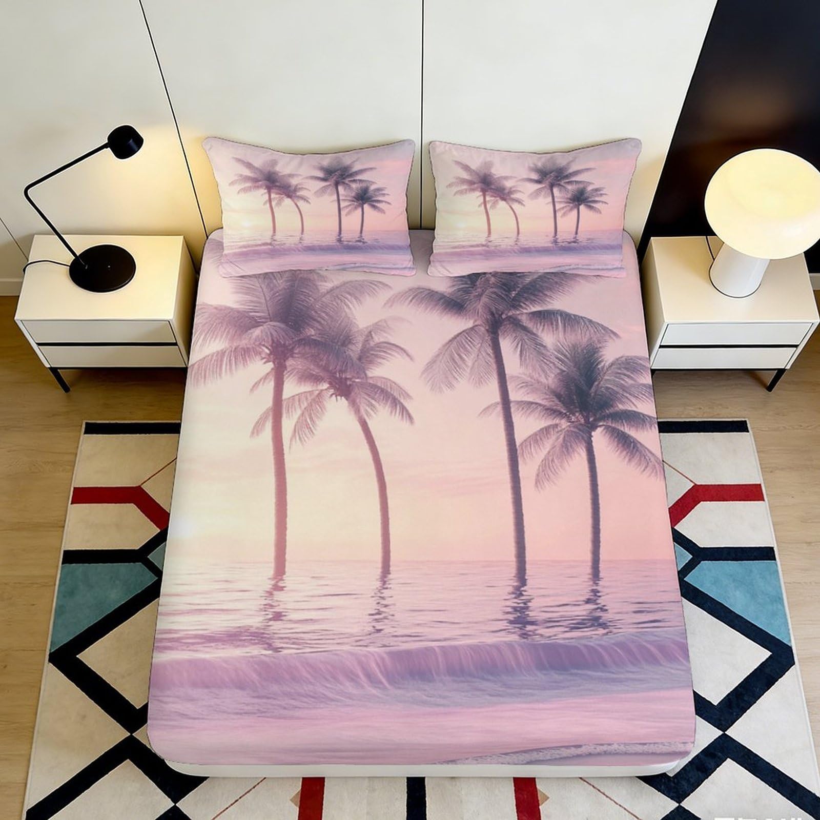 3D Printed Sunset Palm Beach Fitted Sheet Microfiber Soft Breathable Ocean Wave Mattress Cover for Bedroom Guestroom 90x200x25cm