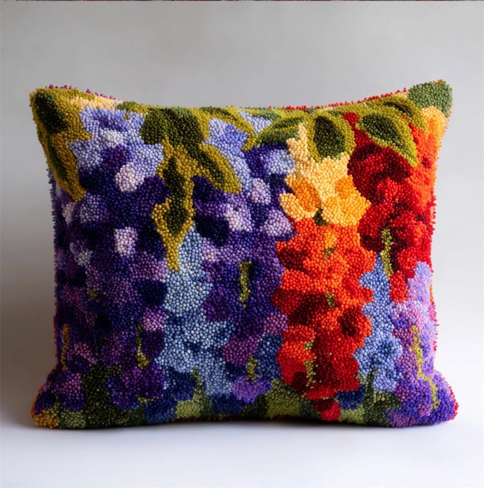 kitphoenix Latch Hook Cushion Kits Wisteria Flower Latch Hook Pillow Case Kits Embroidery Kits 17X17Inch DIY Needlework Pillow Cover Sofa Cushion Rug Making Kits, DIY Craft Kits 17X17Inch