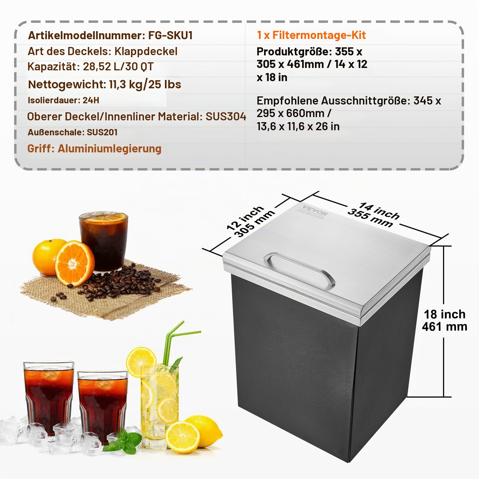 VEVOR Drop-in-Eisbox, 28,52 L Edelstahl-Eiskühler, 355 x 305 x 461 mm Kommerzieller Eisbehälter mit Klappdeckel, Eingebaute Eisspeichertruhe, Abflussrohr und Ablassstopfen im Lieferumfang Enthalten