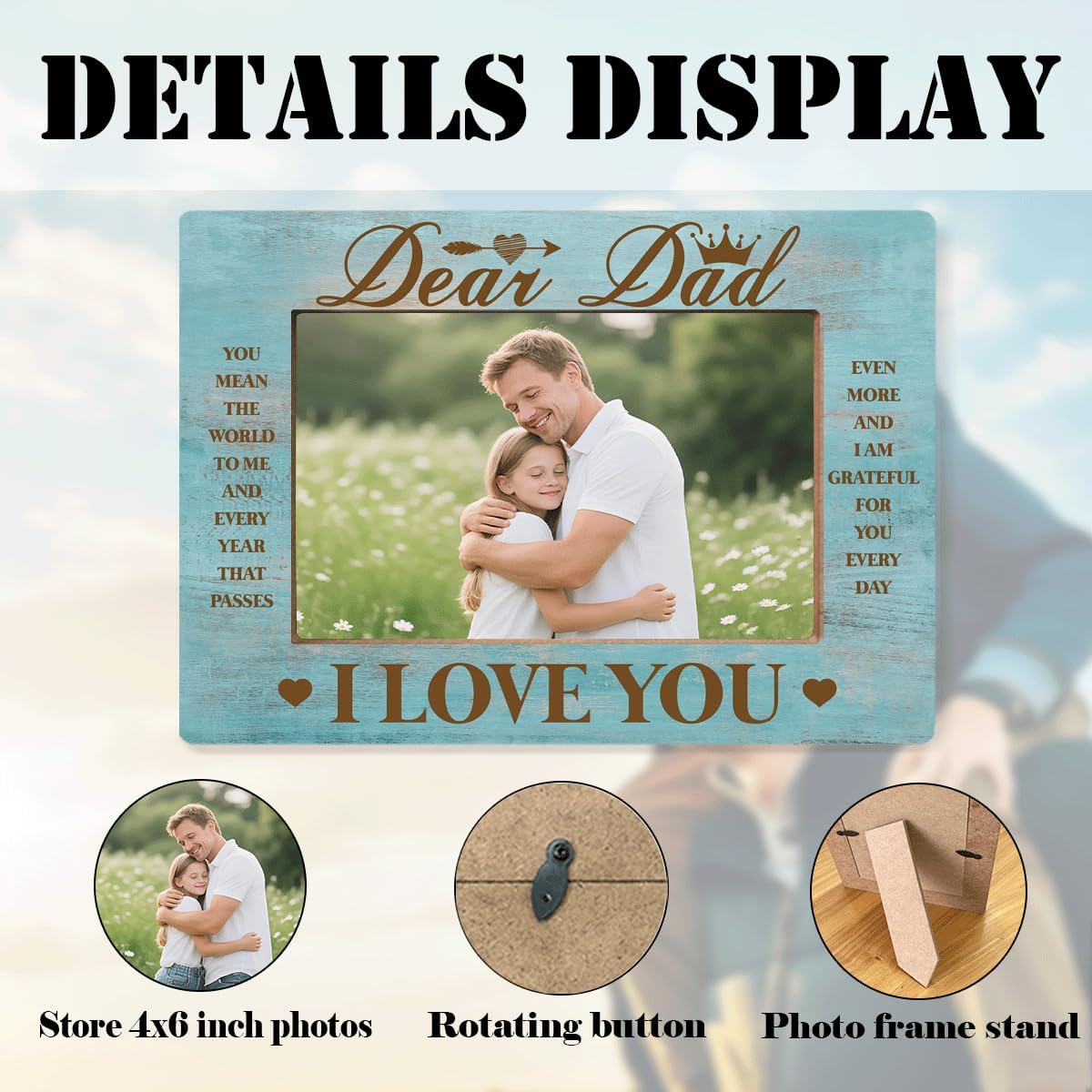 Wooden Photo Frame Decor Gift For Dad Dear Dad You Mean The World To Me Heartfelt Father’s Day Birthday Thanksgiving Christmas Gift For Father Photo Frame To Home Office Table Decor 8X6 Inches - Image 2