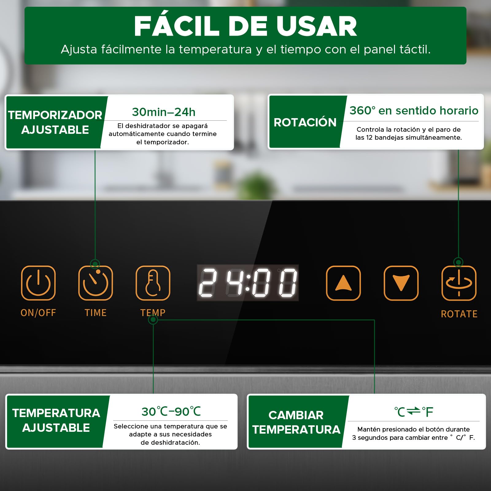 Kwasyo Deshidratador de Alimentos de Acero Inoxidable con 12 Rotar Bandejas, 1000W Secado eficiente de 720° con doble ventilador, Temporizador Temperatura Ajustabledeshidrata fruta, carne, verduras