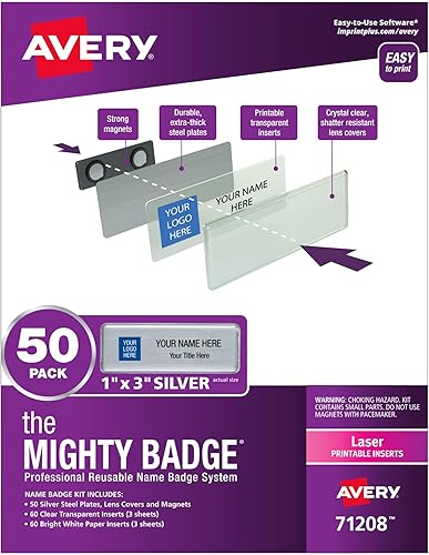 The Mighty Badge by Avery etiquetas de nombre plateadas de 1 x 3 pulgadas 50 insignias de identificación 120 insertos para impresoras láser 71208