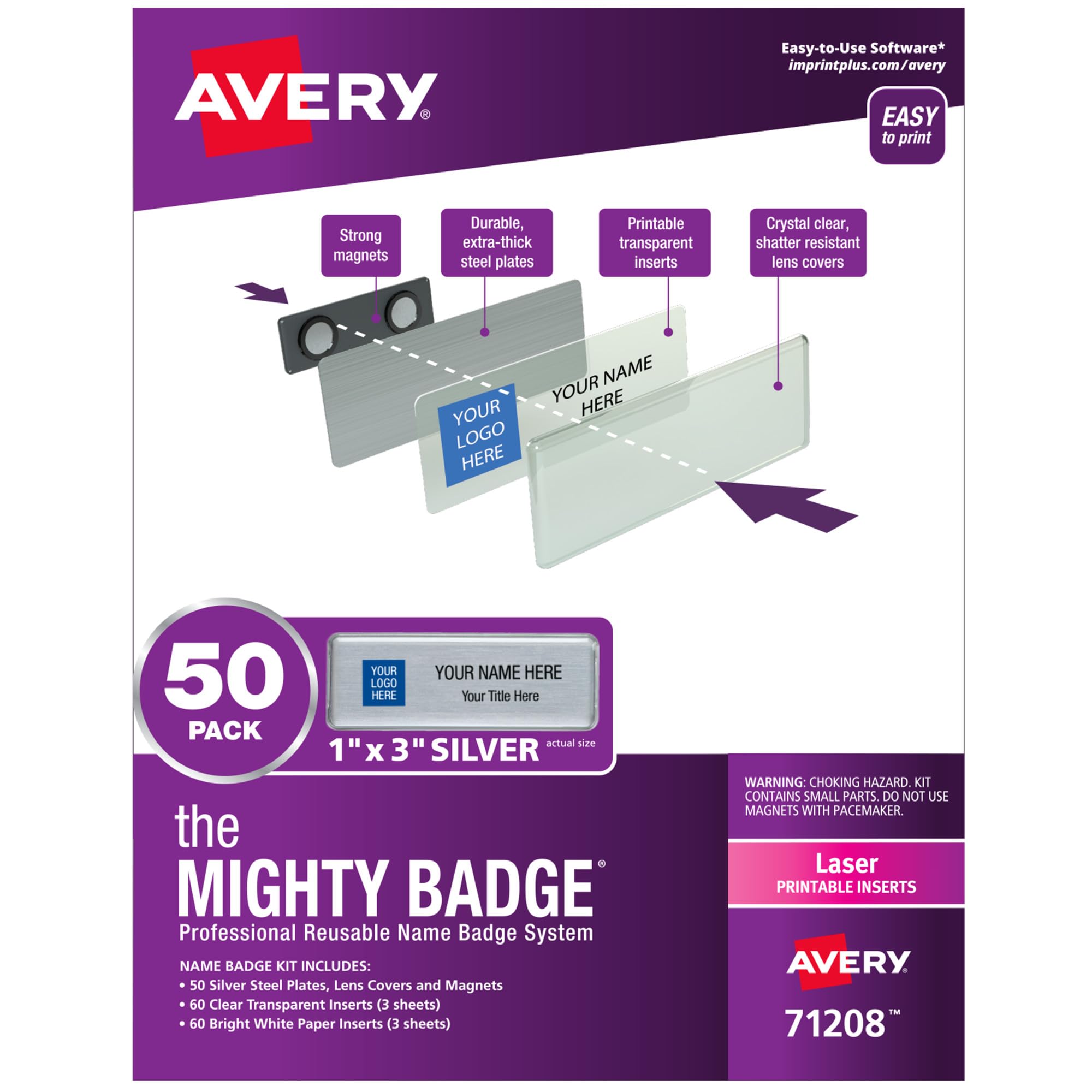 AVERYThe Mighty Badge , 1" x 3" Silver Name Tags, 50 ID Badges, 120 Inserts for Laser Printers (71208)