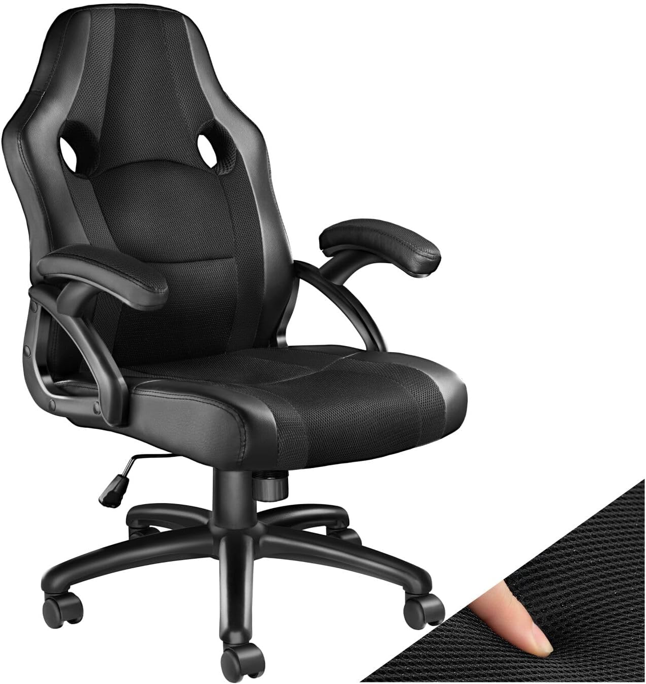tectake-« Sedia da Ufficio Ergonomica, Poltrona Gaming con Rivestimento in Similpelle, Regolabile in Altezza, Rotazione a 360 Gradi, Base Stabile con 5 Rotelle, Design Sportivo - Nero