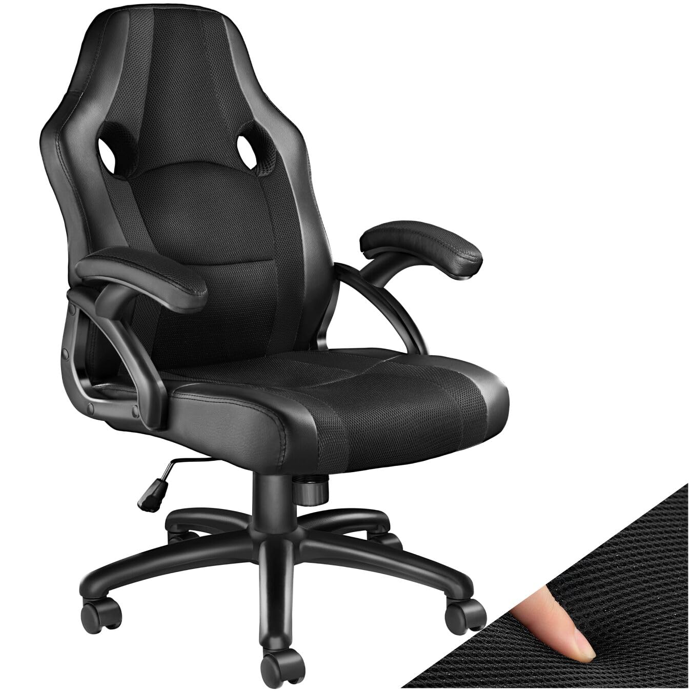 tectake® Sedia da Ufficio Ergonomica, Poltrona Gaming con Rivestimento in Similpelle, Regolabile in Altezza, Rotazione a 360 Gradi, Base Stabile con 5 Rotelle, Design Sportivo - Nero