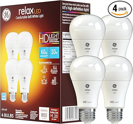 GE Relax LED Light Bulbs, 60 Watt, Soft White, A19 (4 Pack)
