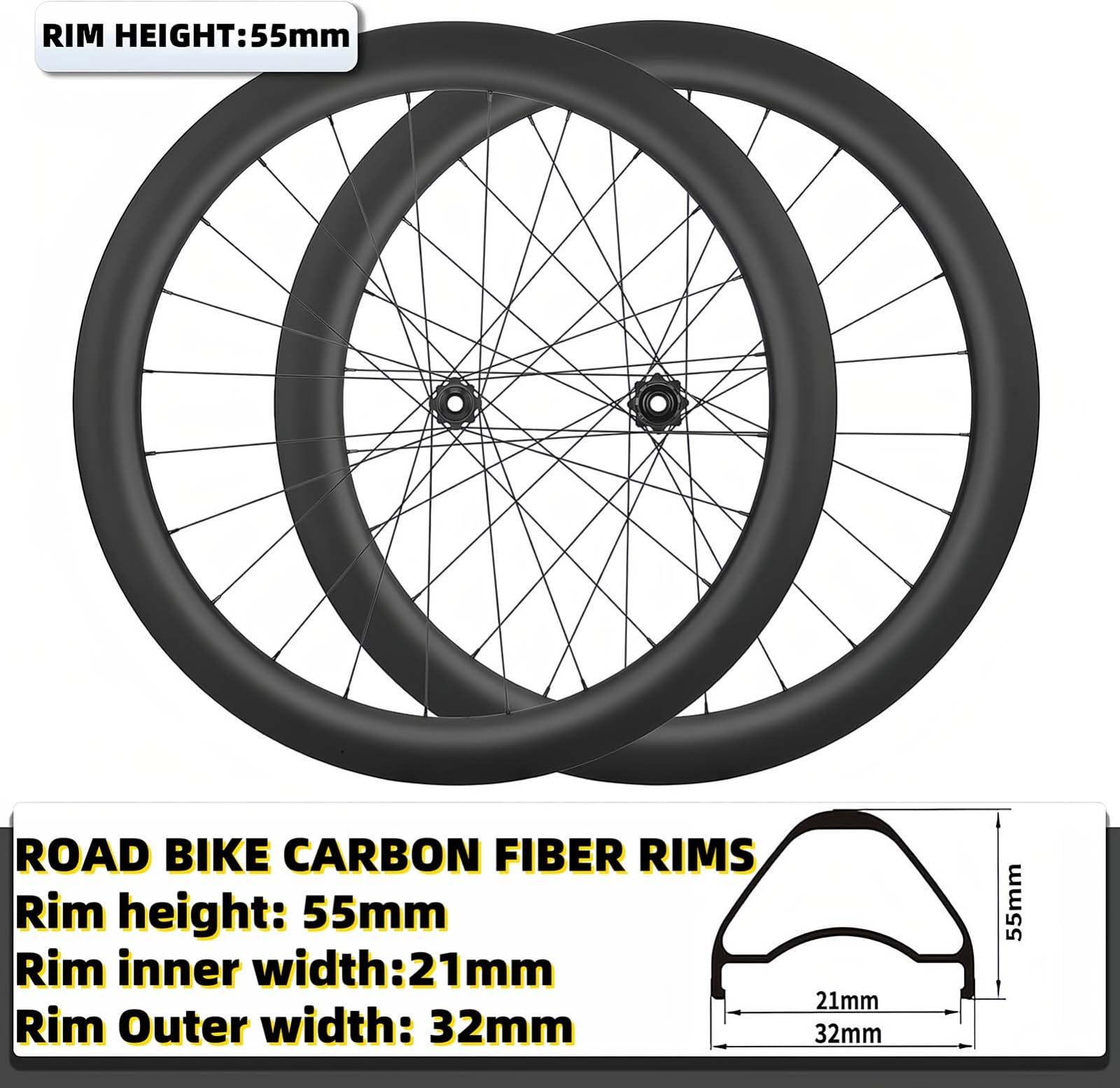 Fahrradlaufräder 700C Carbonfaser Scheibenbremse 24H Naben für 8-12-fach Kassette Steckachse Rennrad Vorder- und Hinterrad Center Lock (Nero-700C/55MM)