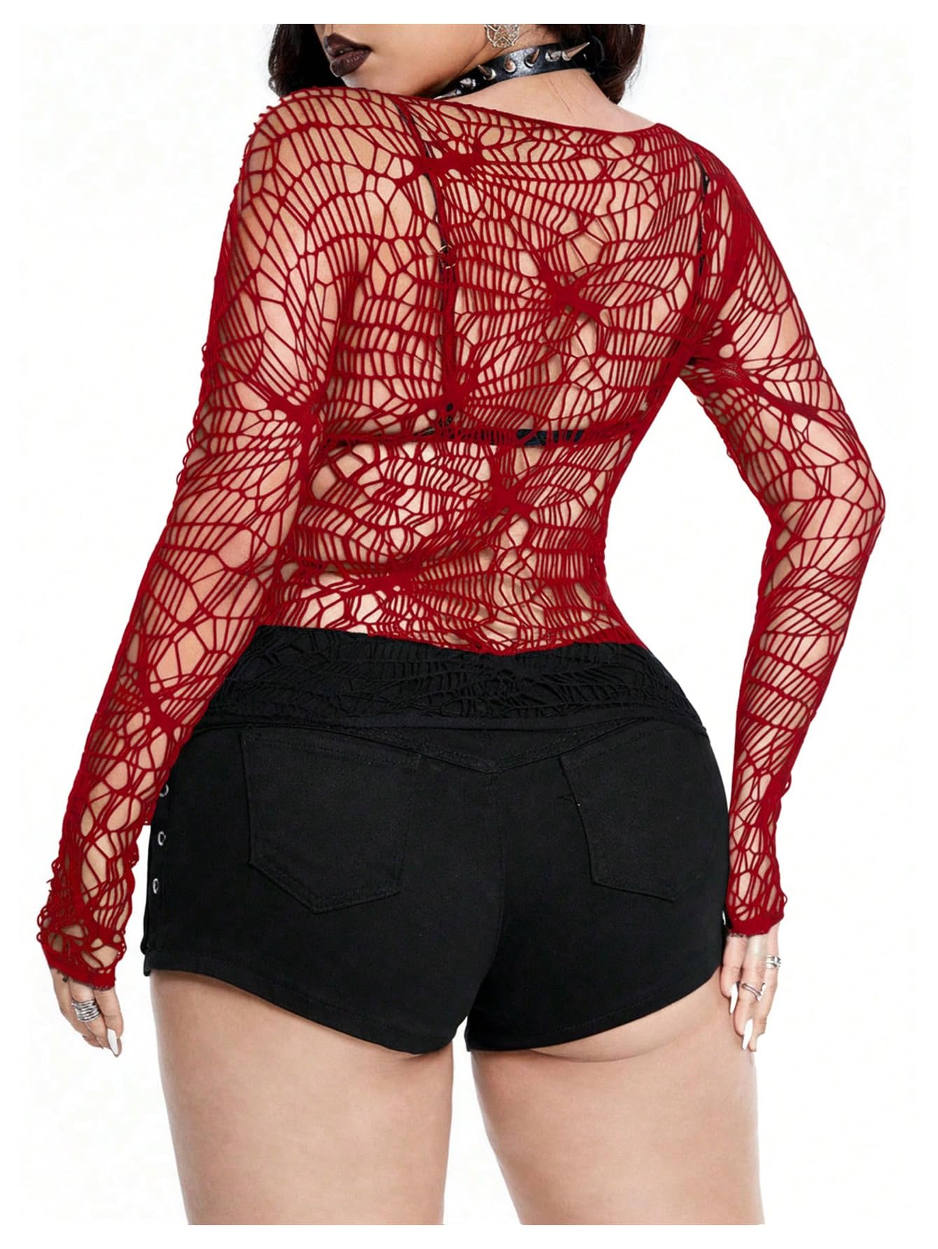 GORGLITTER Women's Fishnet Crochet Tops Rave Goth Concert Party Y2K Sexy Outfits Long Sleeve Boat Neck Going Out Top: One Size Red