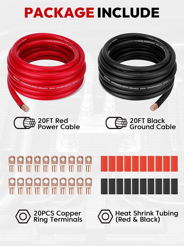 1/0 AWG 40FT Copper Clad Aluminum Battery Cable Kit, 0 Gauge 20FT Red + 20FT Black CCA Power/Ground Wire with 20PCS Ring Terminals & 3:1 Heat Shrink Tubing for Car Audio, RV, Solar, Inverter by YEHERIT - Image 7