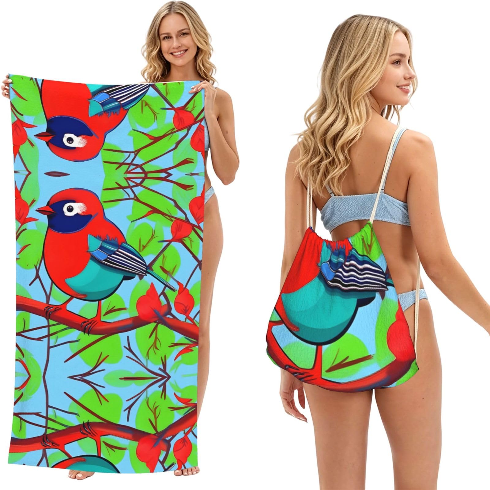 SXZVVBN Colorful Birds 2-in-1 Beach Towel Bag, Quick Dry Sand Free Travel Towel Backpack for Adults