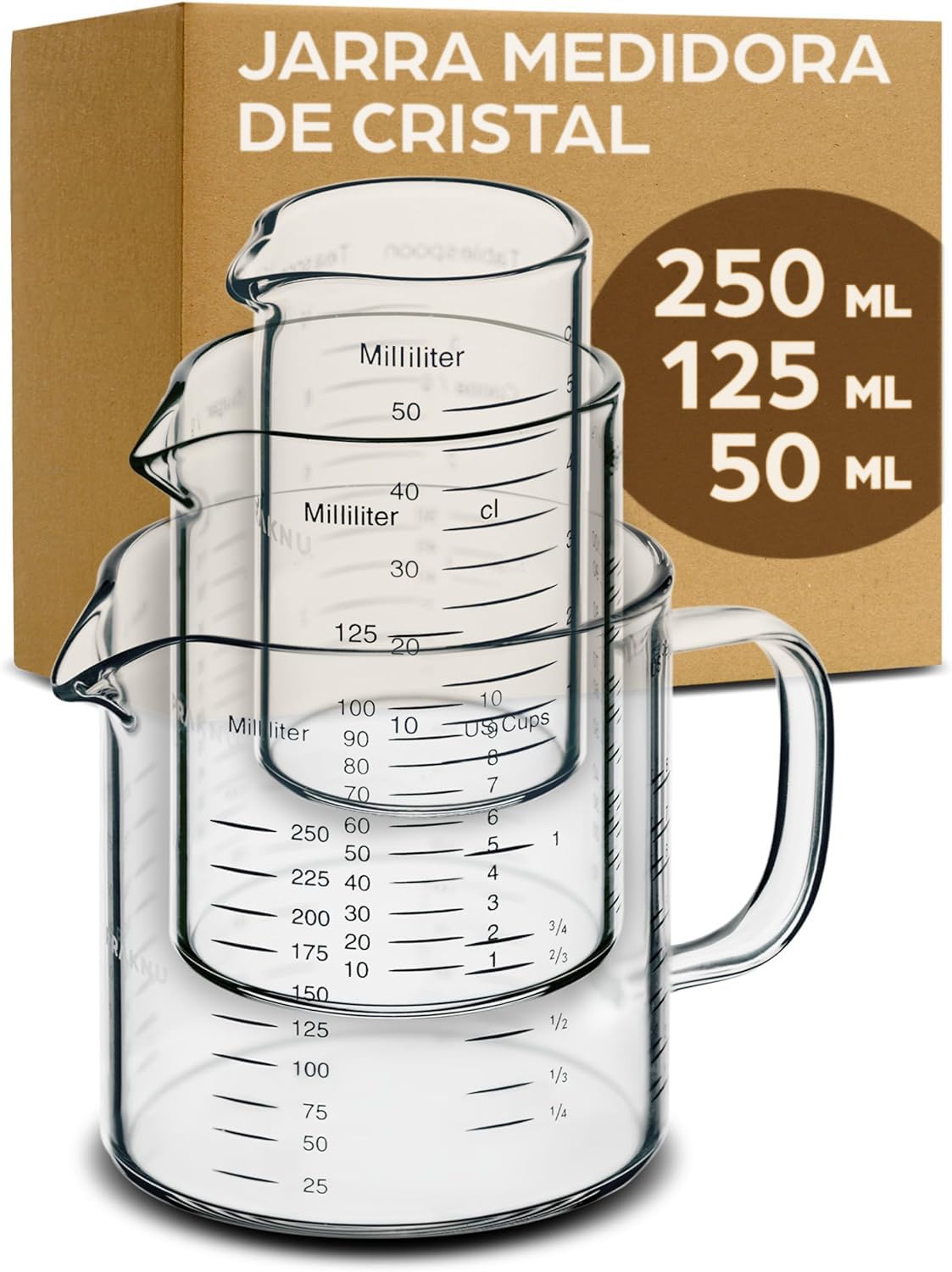 Jarra Medidora de Cristal - 50ml, 125ml, 250ml - Escala Precisa - Apilable - Resistente al Calor y al Microondas