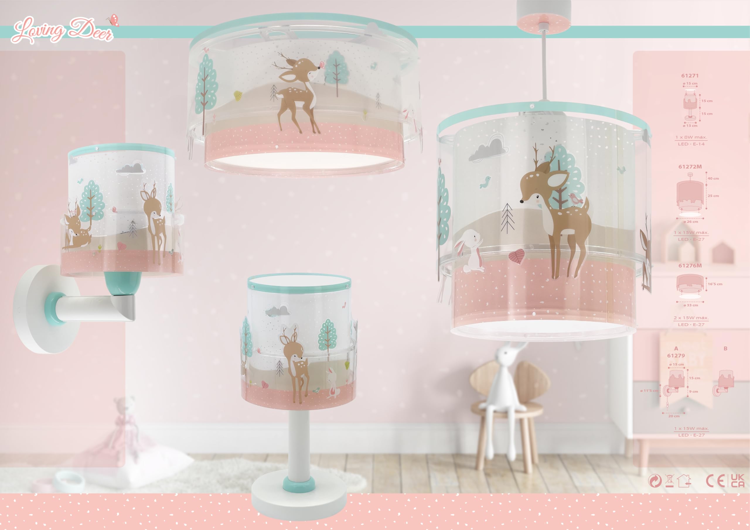 Dalber Lámpara Aplique Pared Infantil Ciervo Rosa 61279 | Lámpara aplique de pared con instalación directa a la corriente o mediante cable con interruptor incluido. Loving Deer