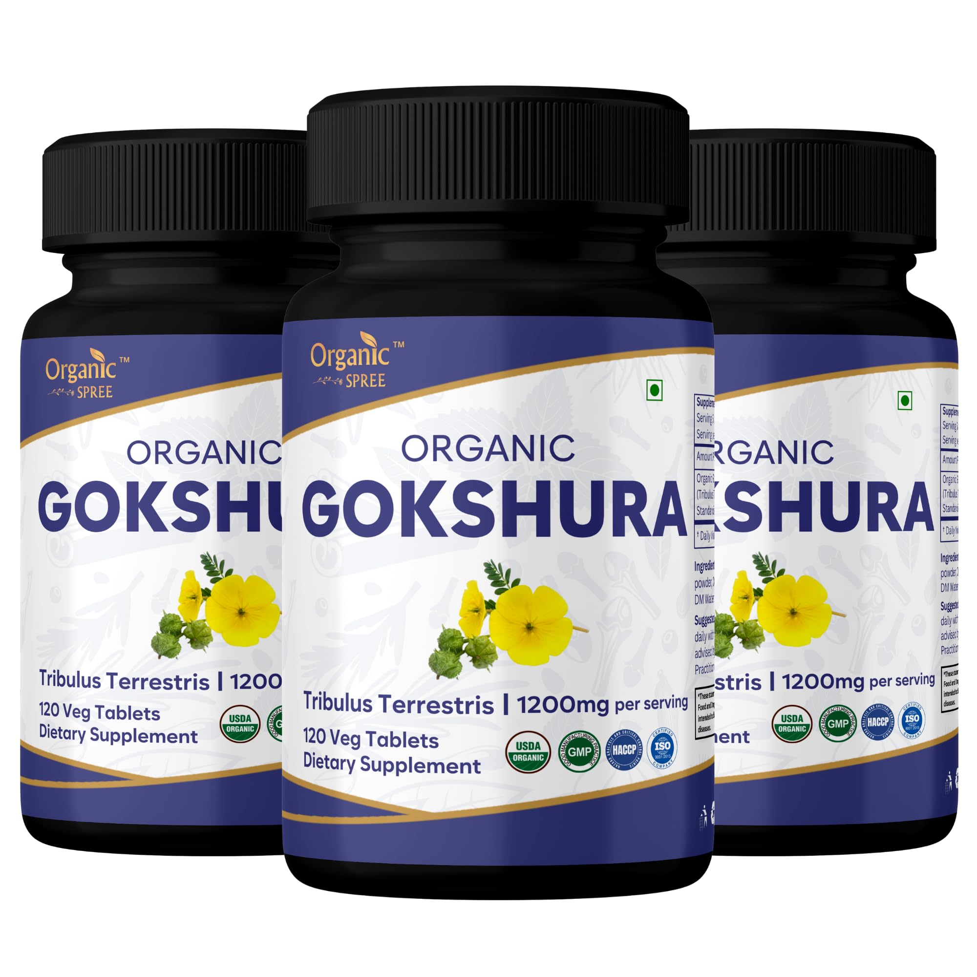 ORGANIC SPREE Gokshura 120 Tablets - Supports Immune System* -Tribulus Terrestris - 60 Days Supply - USDA Organic, GMP, HACCP Certified - Pack of 3