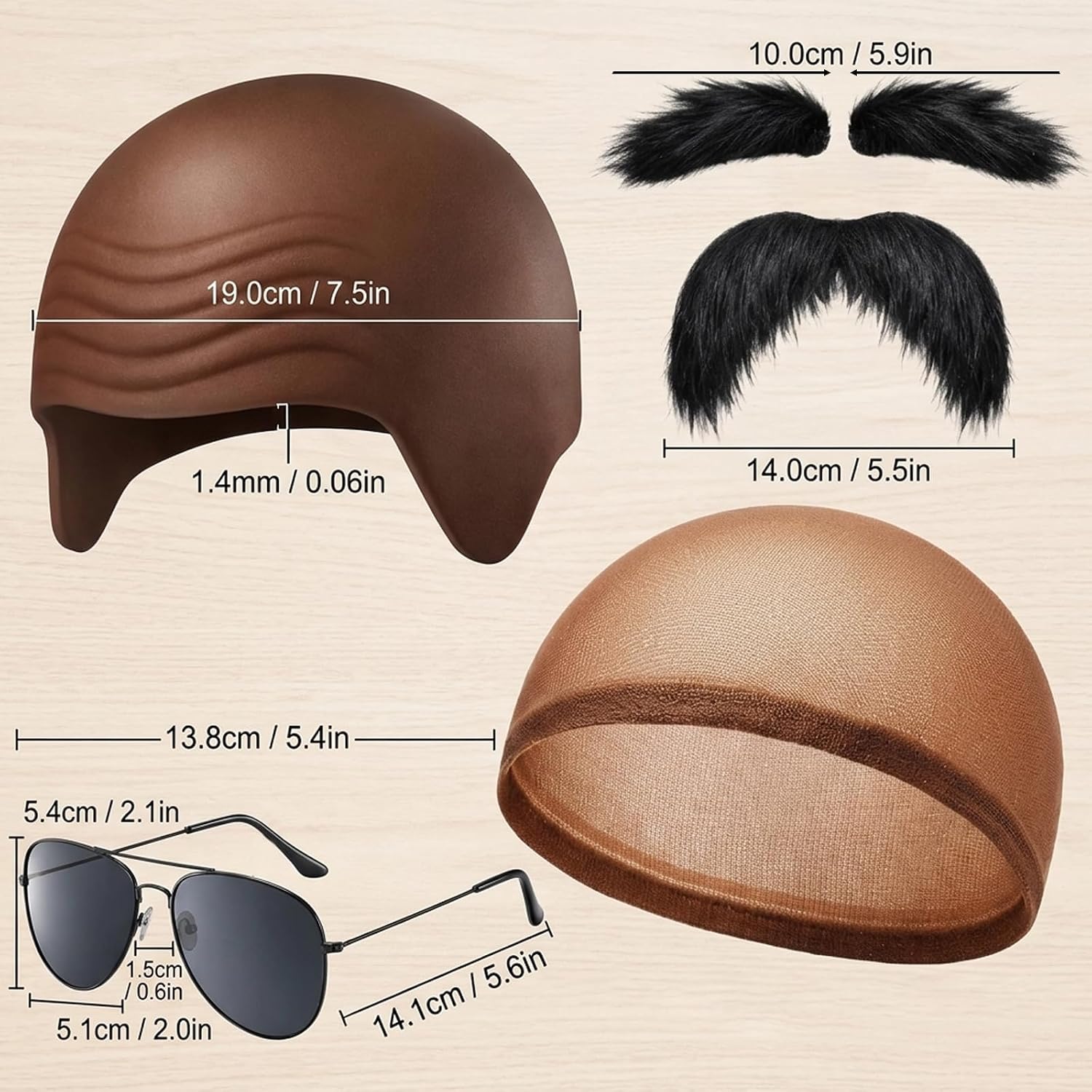 4-Piece Bald Head Cap Set with Brown Head Cover, Bald Cap, Hair Net, Glasses, and Mustache Accessories, Complete Disguise Kit for Costume Parties and Themed Events,Not for children under 14.