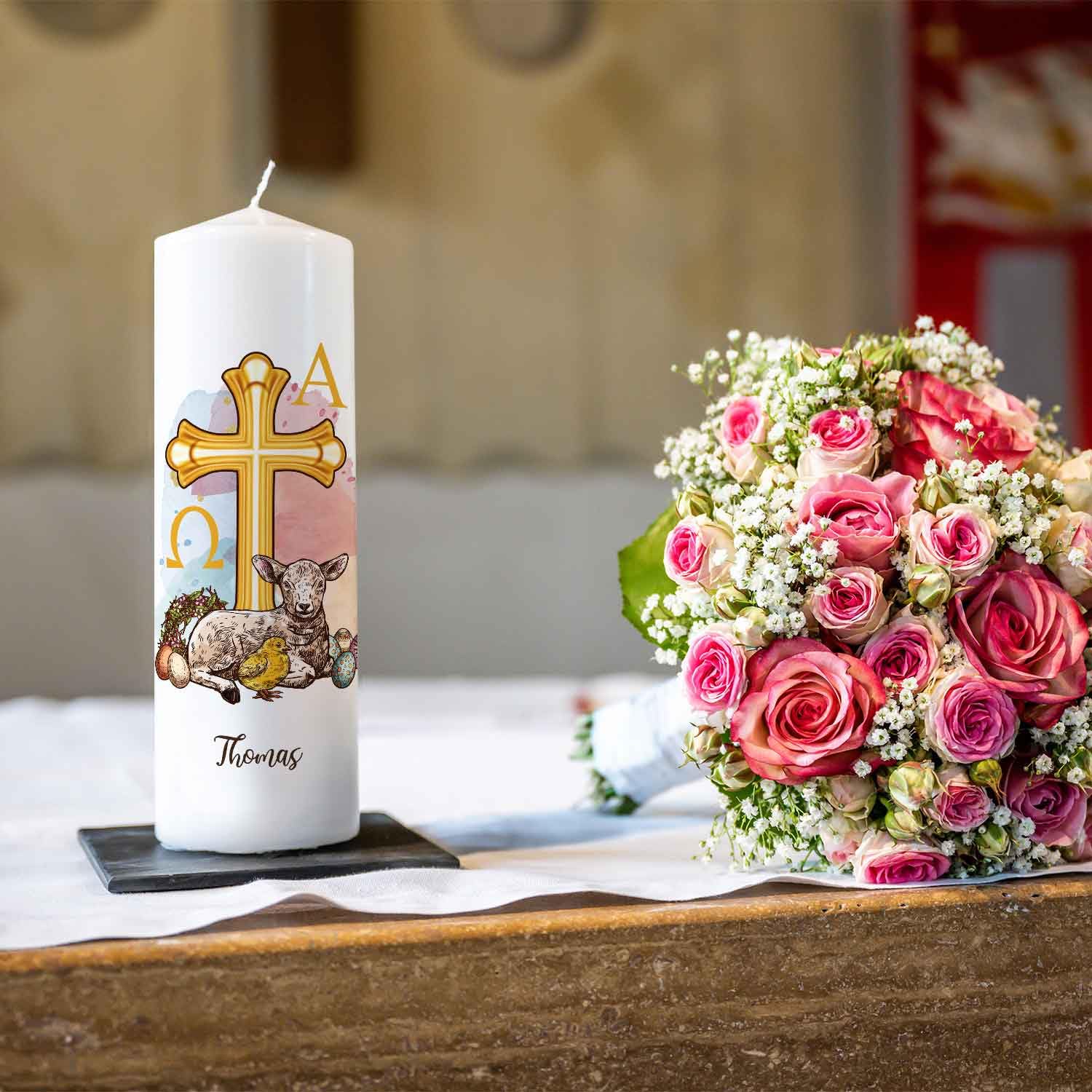 Candela A Colonna Personalizzata GRAVURZEILE Con Foto E Testo | Per Cresima, Comunione, Battesimo, Matrimonio | Stampata UV In Germania | 25x8 Cm - 4