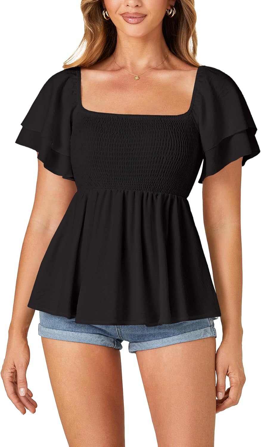 LYANER Women's Square Neck Smocked Peplum Top Ruffle Short Sleeve Babydoll Shirred Blouse - Image 5