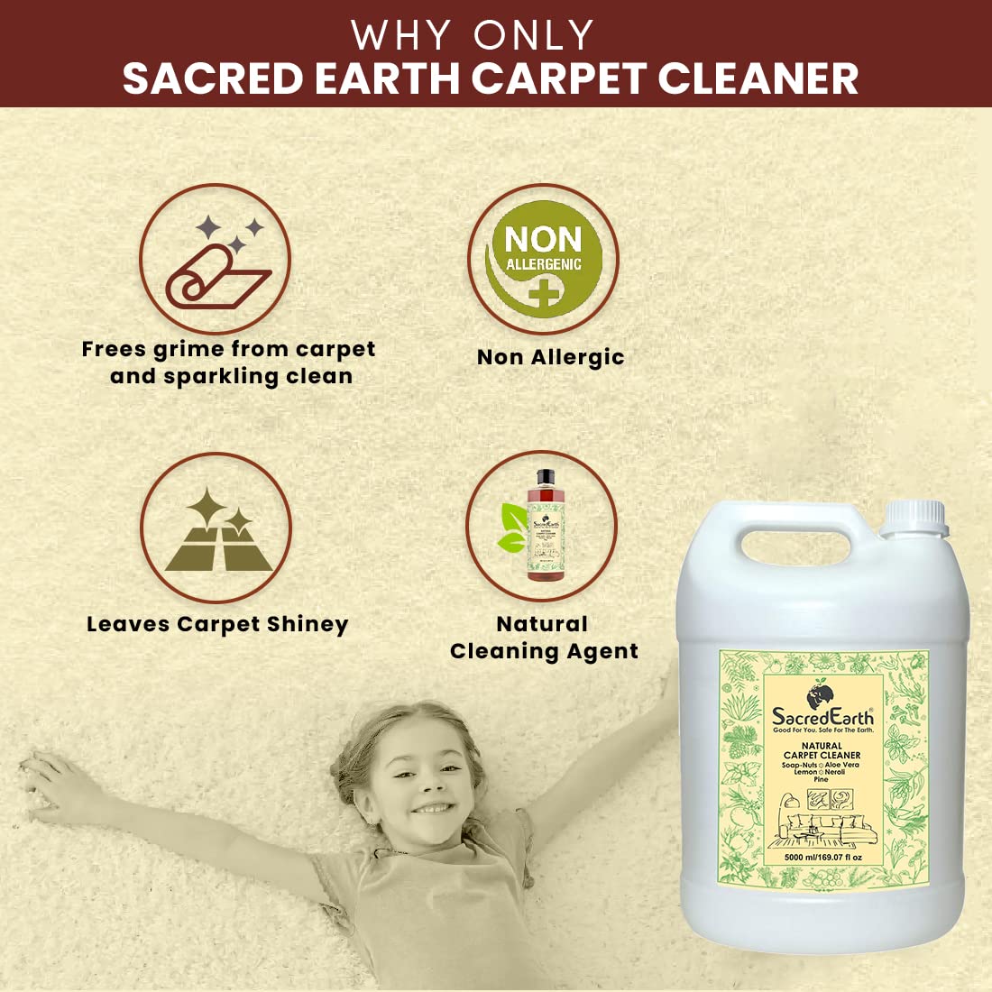 SacredEarth Natural Carpet Cleaner Liquid, Removes Dirt, Oil, Grease and Safe for Environment (5000 ml) - Image 5 thumbnail