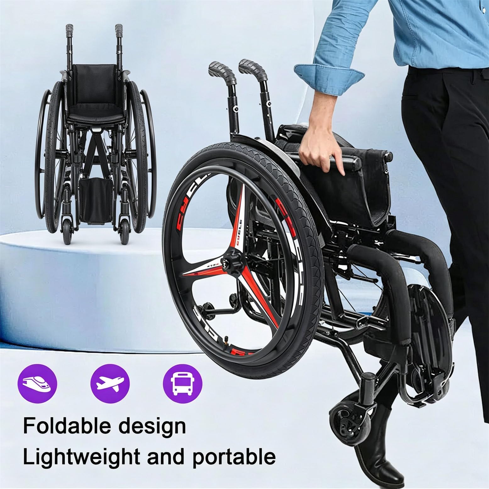 Carrozzina Sportiva Pieghevole per Trasporto 38cm/15in | Portata 100 kg, ruote posteriori da 24 pollici, carrozzina portatile per viaggi