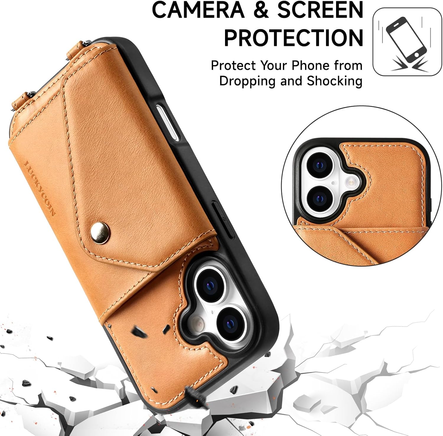 LUCKYCOIN for iPhone 17 Crossbody Wallet Case – Genuine Leather Phone Purse with Adjustable Strap and Card Holder,Lanyard Phone Purse Case for Women,Vintage Tan