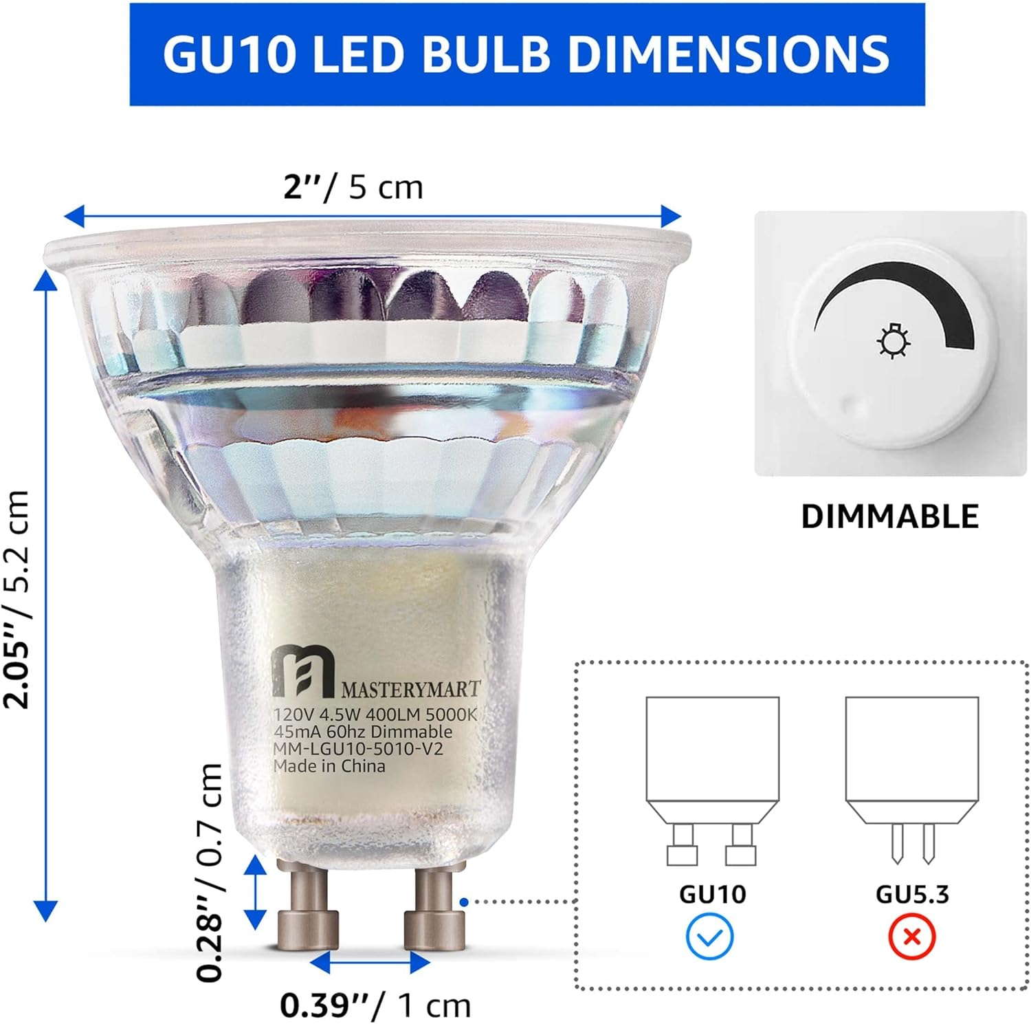 MASTERY MART GU10 LED Light Bulbs 4.5W Spotlight Bulb, UL Listed, Energy Star Certified, 5000K Soft White, Dimmable, 18 Count (Pack of 1)