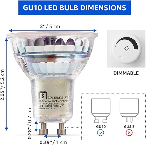 Miniatura 5 de MASTERY MART Bombillas LED GU10, equivalente a halógenos de 50 W, regulables de 4.5 W, bombillas LED MR16 Spot G10 de repuesto para iluminación de