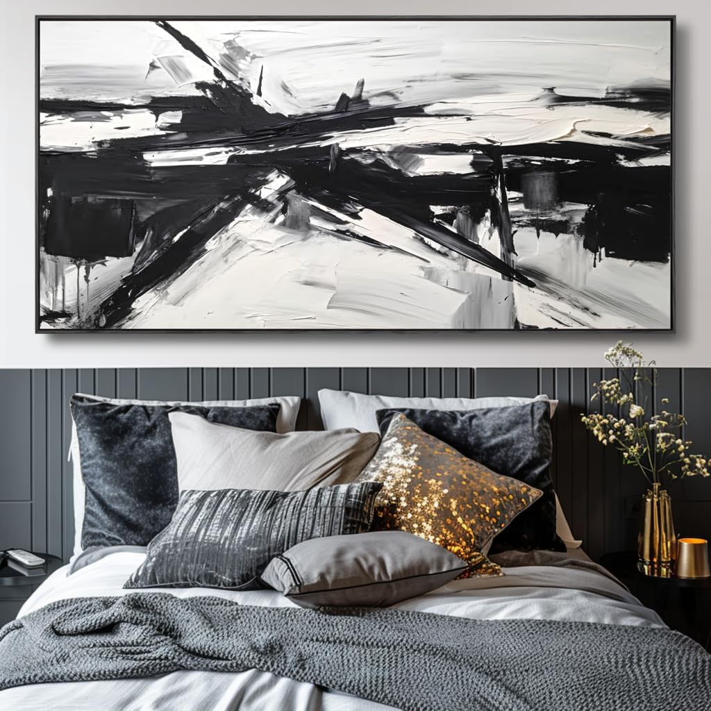 Wall Art Abstract Canvas Painting Black and White Modern Artwork for Living Room Bedroom Dining Room Home Office Decor 30"x60" with Framed