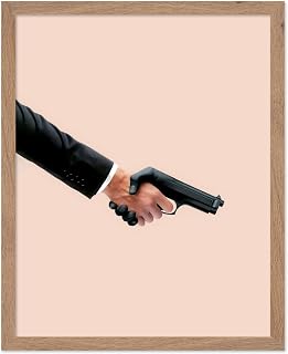 Poster Master Hand Holding Pistol Poster - Hand in Suit Print - Firearm Art - Weapon Art - Minimal Art - Trendy Art - Modern Art - Pop Art - Great Living Room or Dorm Decor - 8x10 Beige Framed