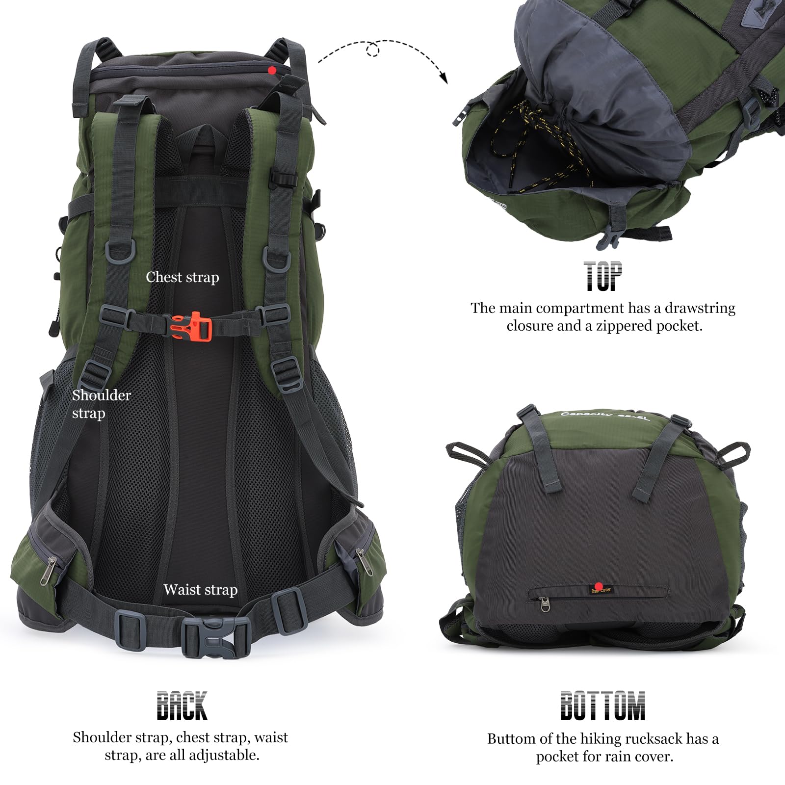 Zaino da trekking impermeabile da 70 litri con copertura antipioggia, grande zaino da viaggio per campeggio, camminata, arrampicata