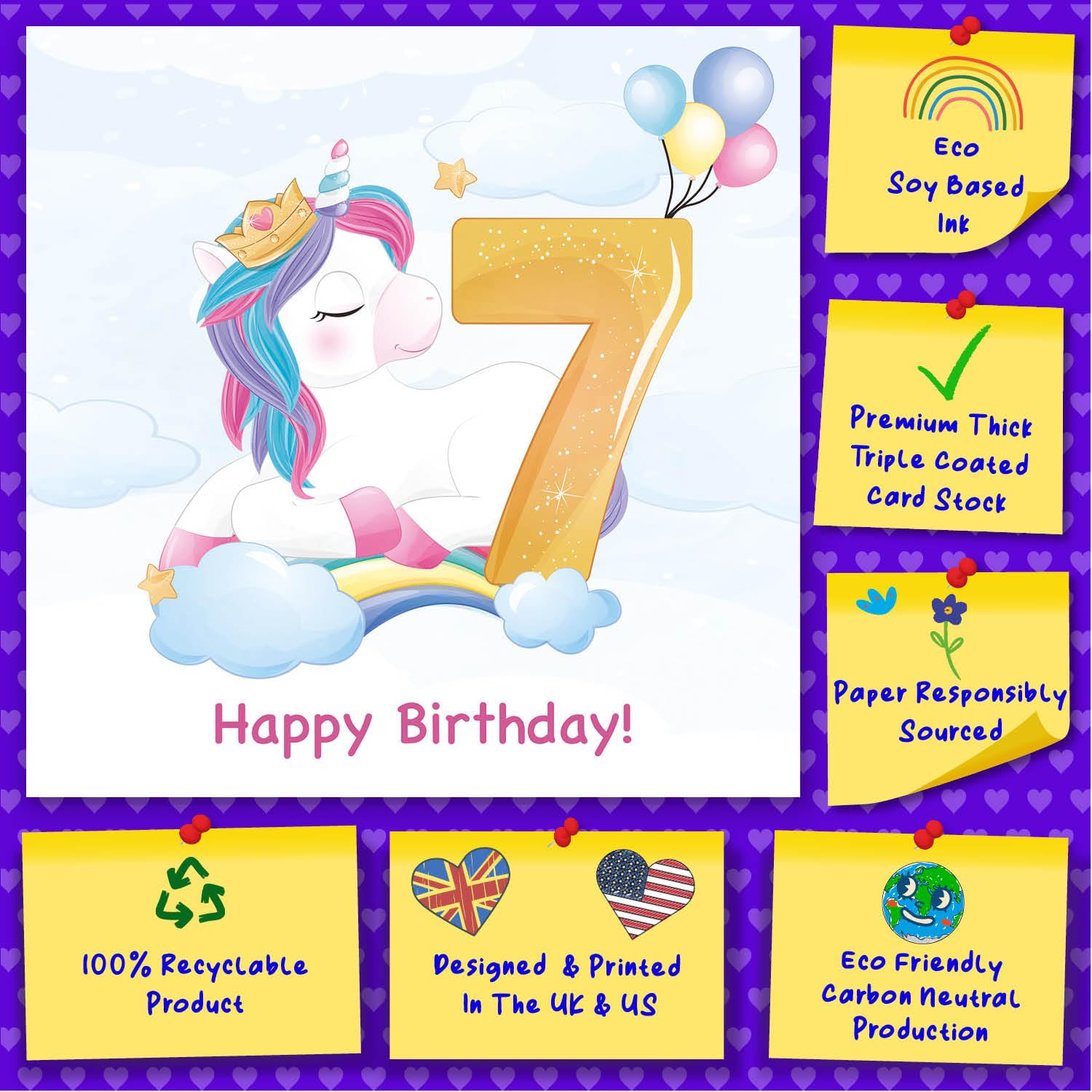 Invitación De Cumpleaños Para 7 Años Feliz Séptimo Cumpleaños Tarjeta De  Felicitación Mágica De Caballo Unicornio, image size:1500x1500