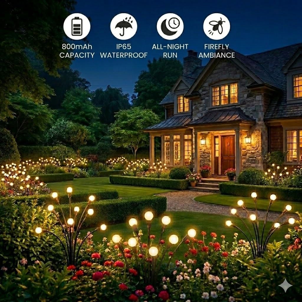Solar Firefly Lights Outdoor Waterproof, 4 Pack Swaying Garden Lights with Dancing Firefly Glow, 17mm Large Bulbs, 800mAh Battery, Monocrystalline Solar Panel, Yard Pathway Decor