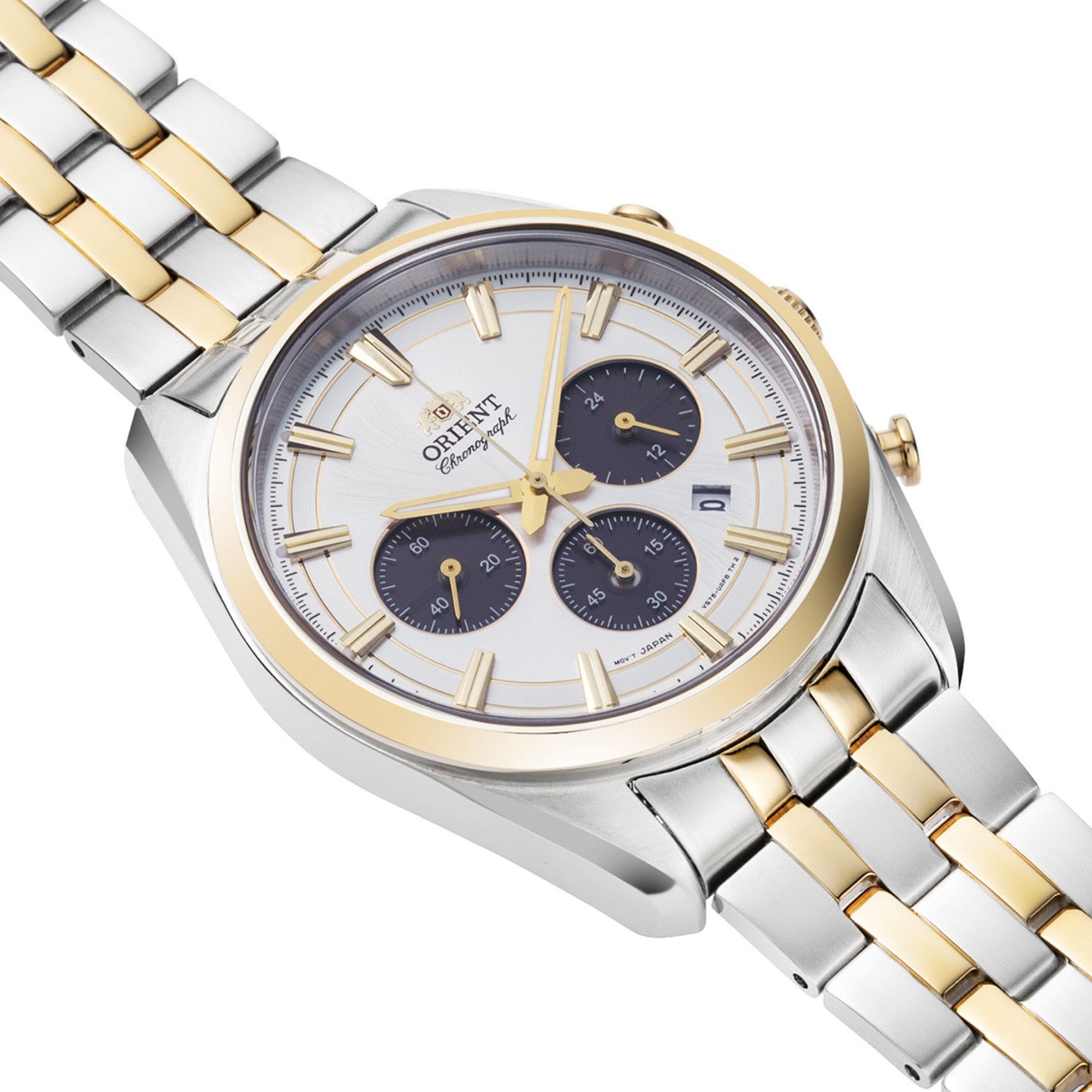 Orient Stretto Solarny Chronograf z białym cadkiem i paskiem ze stali nierdzewnej dla mężczyzn RA-TX0302S10B, biały, klasyczny