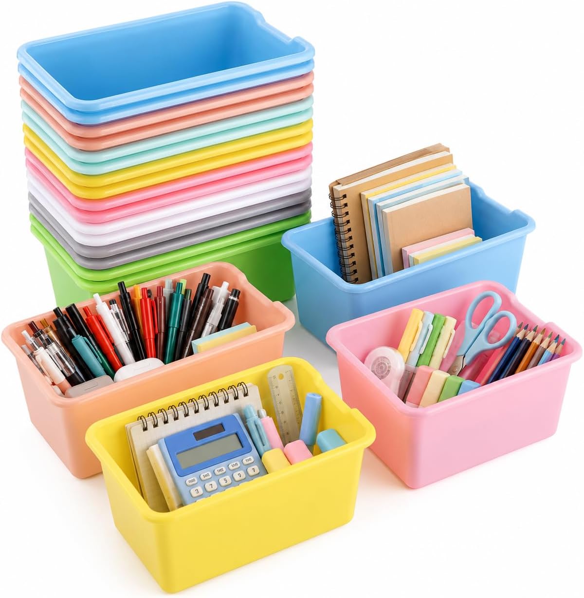 16 Pcs Plastic Book Bins for Classroom, 11.6 in Library Cubby Bins, Stackable Multi-Color Parts Organizers With Open-Mouth Design for Easy-Access, Heavy-Duty Stackable Containers for Home Office