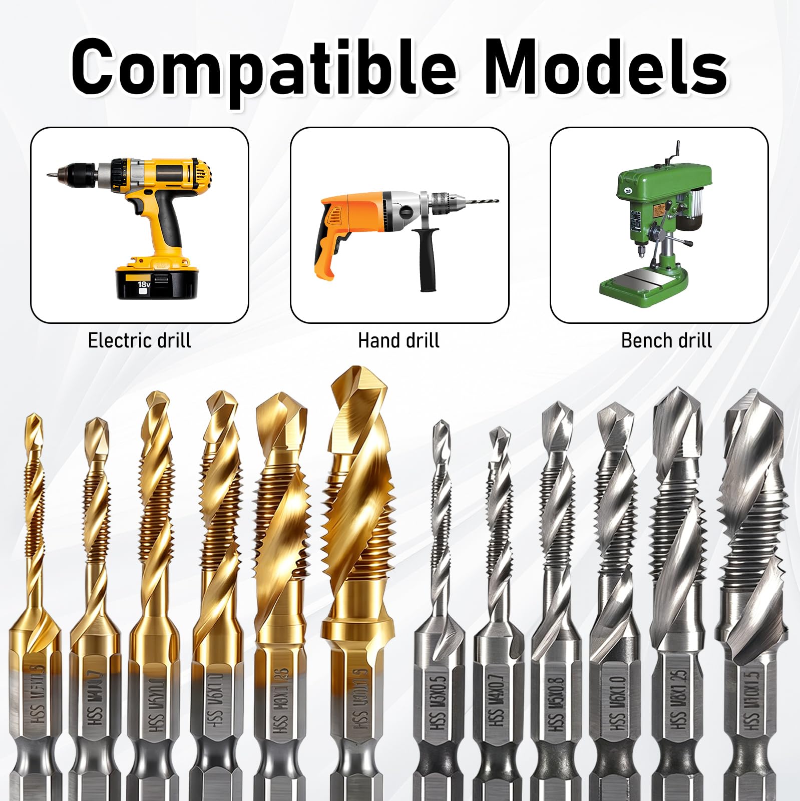 Set di maschi filettati, due pezzi, con filettatura M3, M4, M5, M6, M8, M10, per metallo, con codolo esagonale, foratura precisa per metallo, plastica e legno