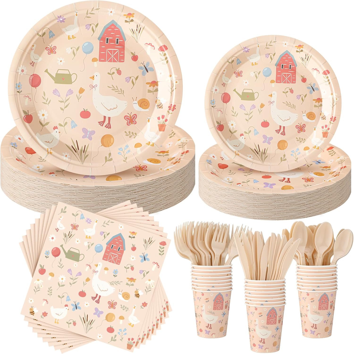 Zhehao 168 Pcs One Silly Goose Birthday Party Decoration Funny Silly Goose Party Tableware Set for 24 Guest Paper Plates and Napkins Cup Knife Fork and Spoon for Fairy First Birthday Decor