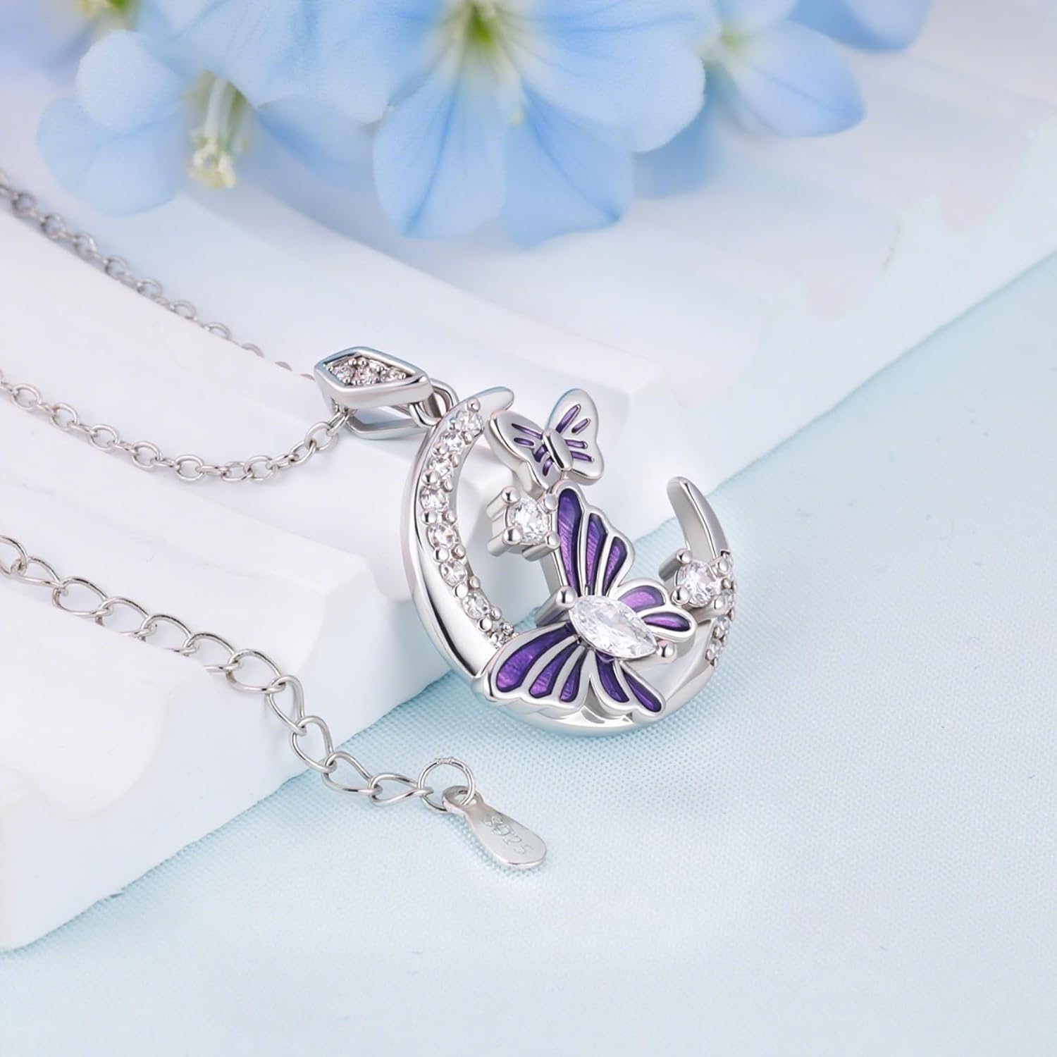 CZ Moon and Butterfly Necklace for Women S925 Sterling Silver Enamel Purple Butterfly Animal Pendant Moon Jewelry Birthday Anniversary Valentines Gifts for Wife Girlfriend Mom - Image 3