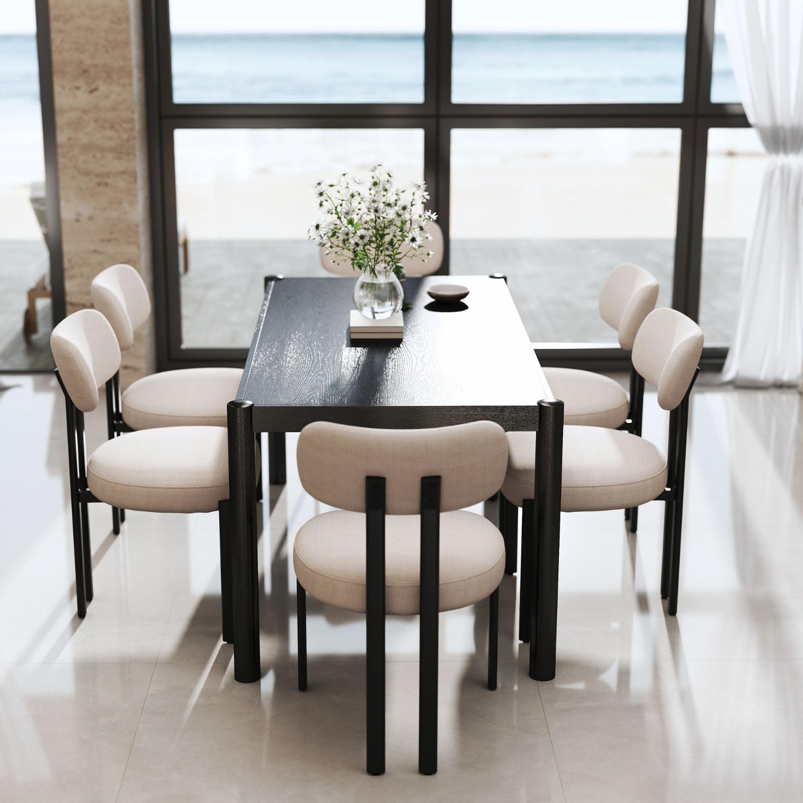 LukeAlon Linen Dining Chairs Set of 6, Curved Back Modern Side Chairs Upholstered Armless Reception Guest Chair with Black Metal Legs for Kitchen